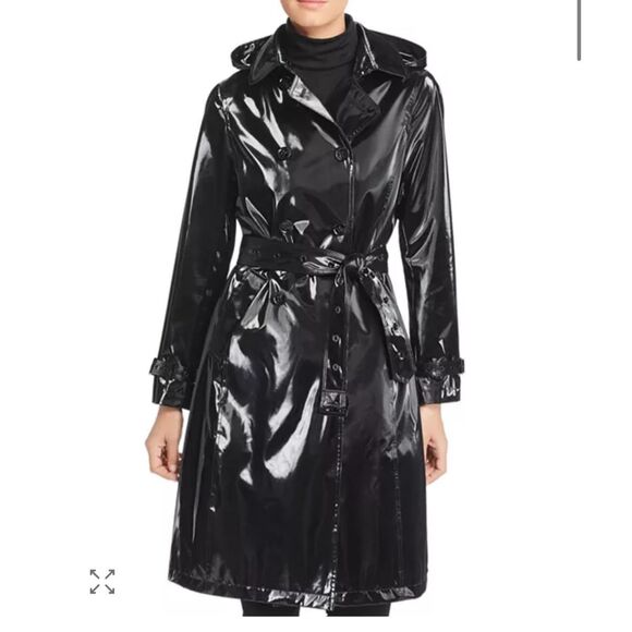 JANE POST $595 High Gloss Trench Coat Black Women’s Large New - Picture 3 of 16